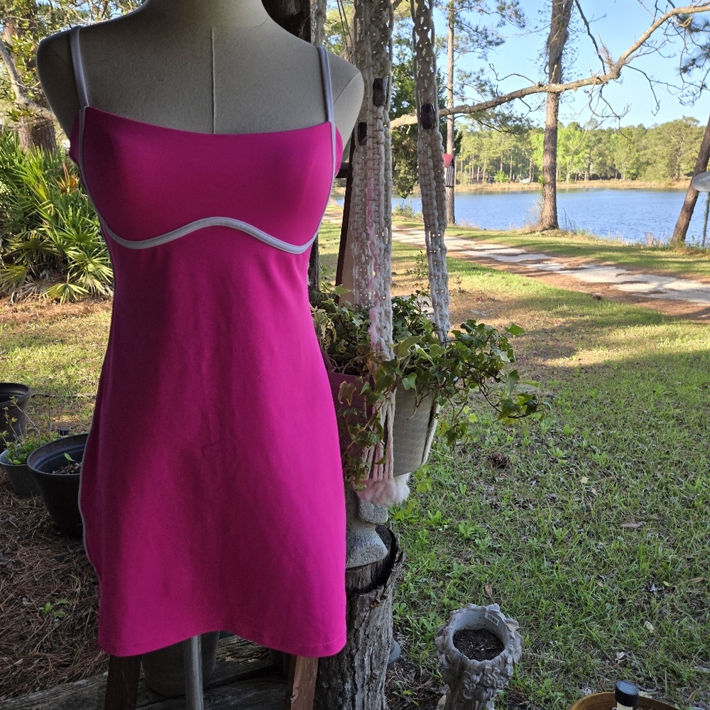 Move With You Hot Pink White Trim Retro Inspired Swim Dress Size Small